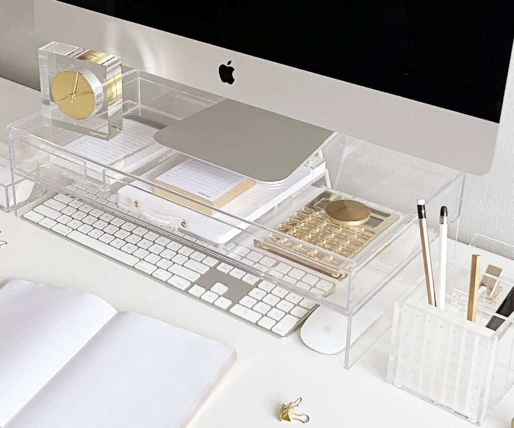 Acrylic desk shelf with drawers and storage