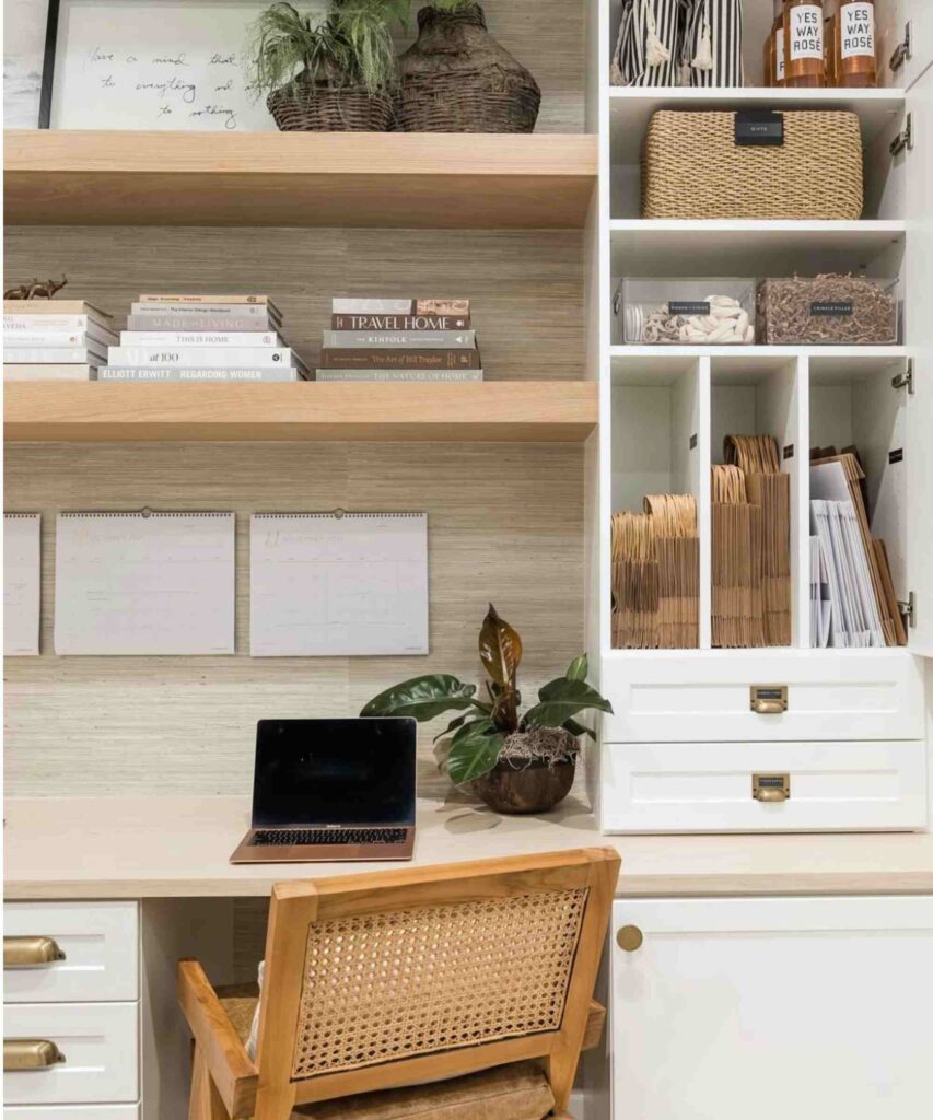 Desk space organization with built in desk cabinet and shelving
