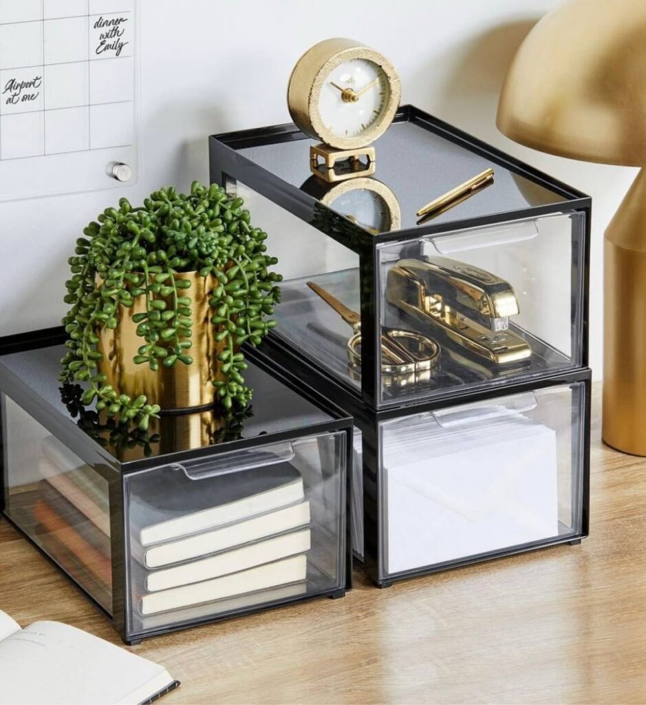 Stackable desk drawer storage bins 