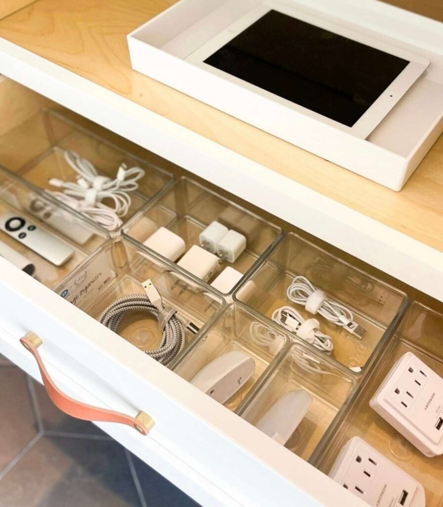 Electronic accessories in a desk drawer 
