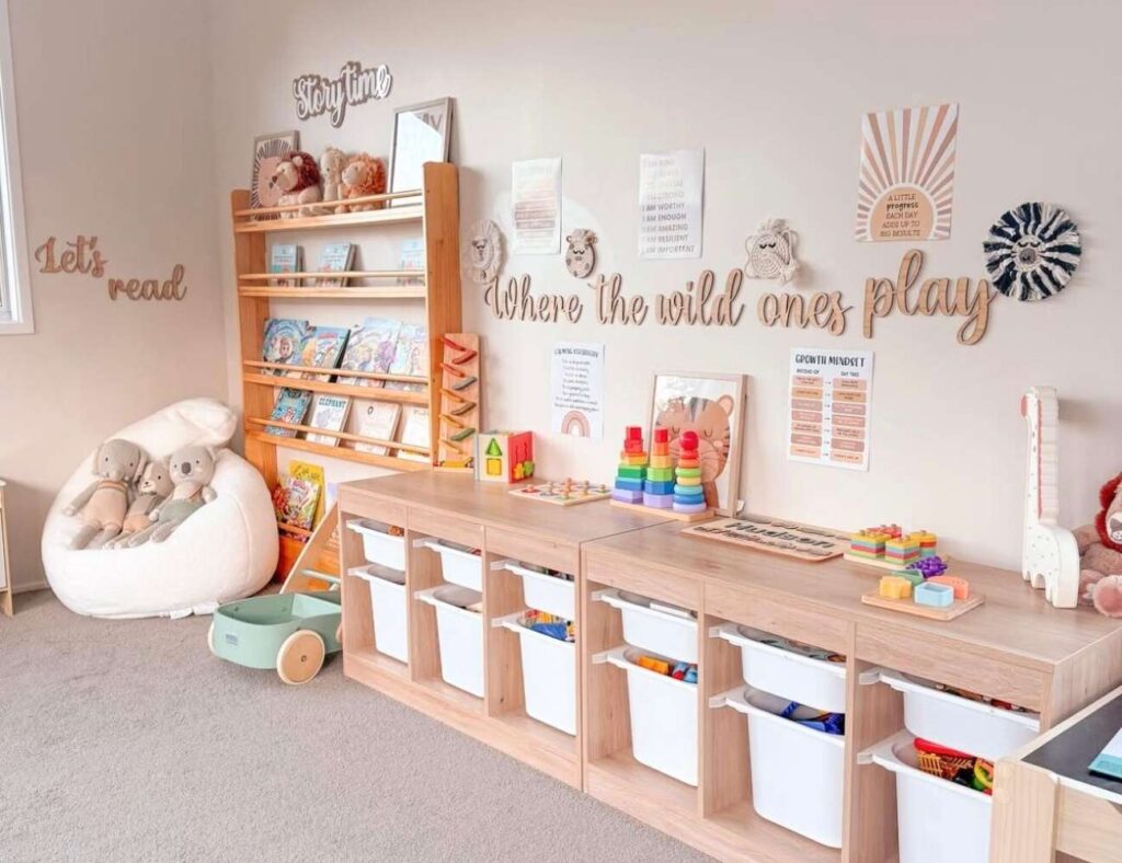 Playroom organized neatly with a reading nook and educational signs for back to school 