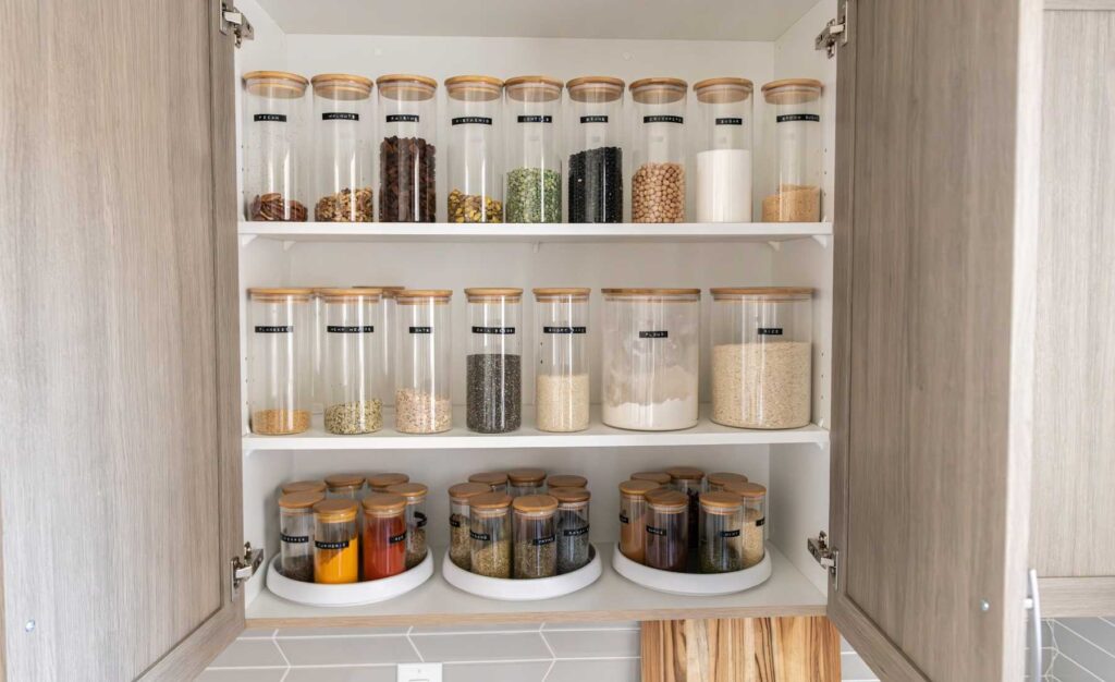 Spices organized in kitchen cabinets to reduce kitchen counter clutter. 