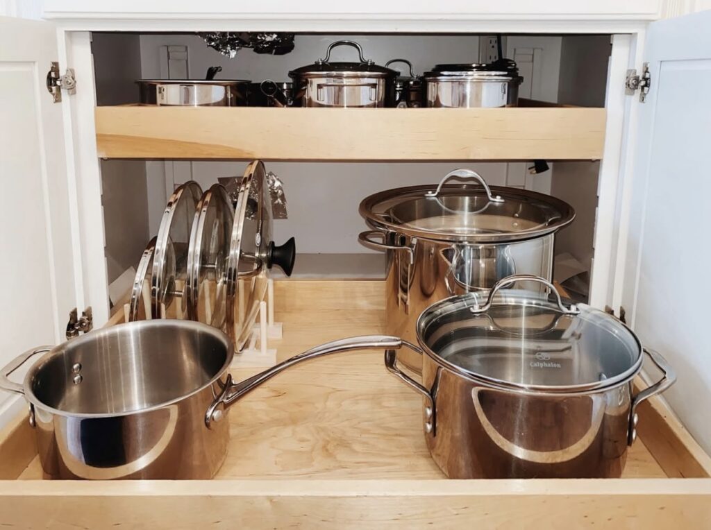 Pots on slide out kitchen cabinet drawers