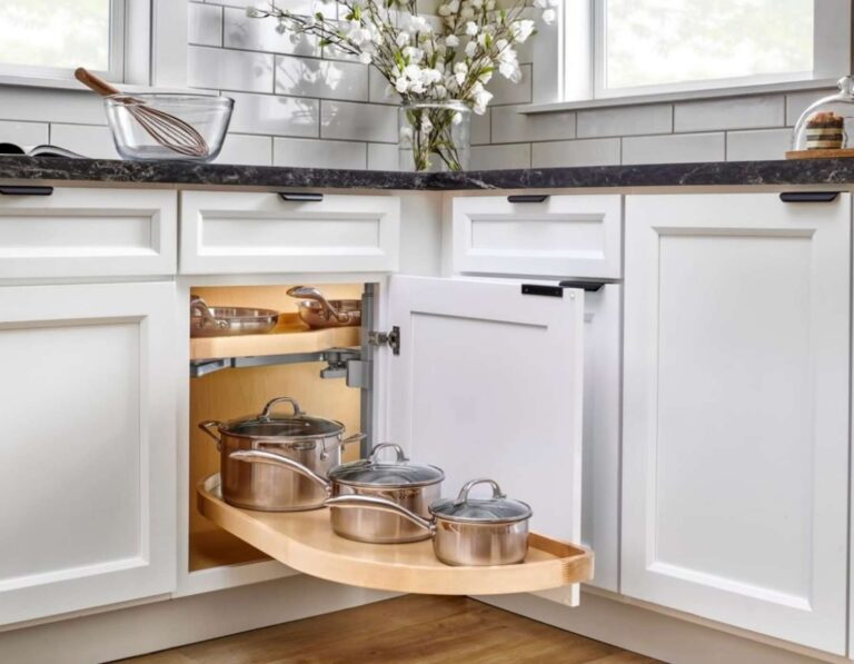 Pots and Pans Organized in Corner pull out kitchen organizer