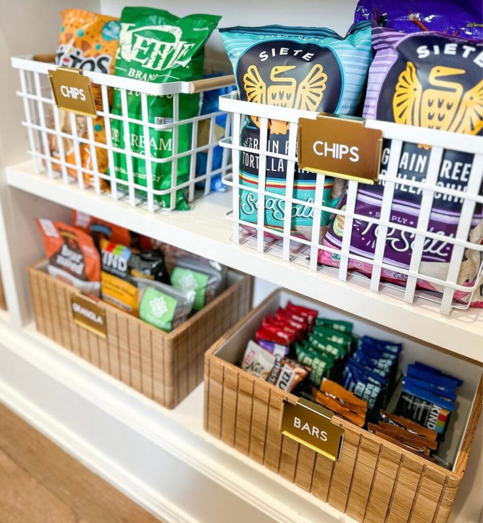 White wire bins organized in a pantry