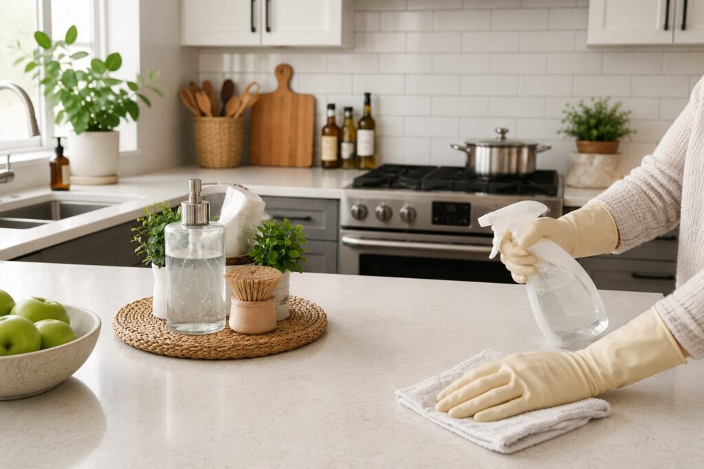 Women wiping down kitchen counters 