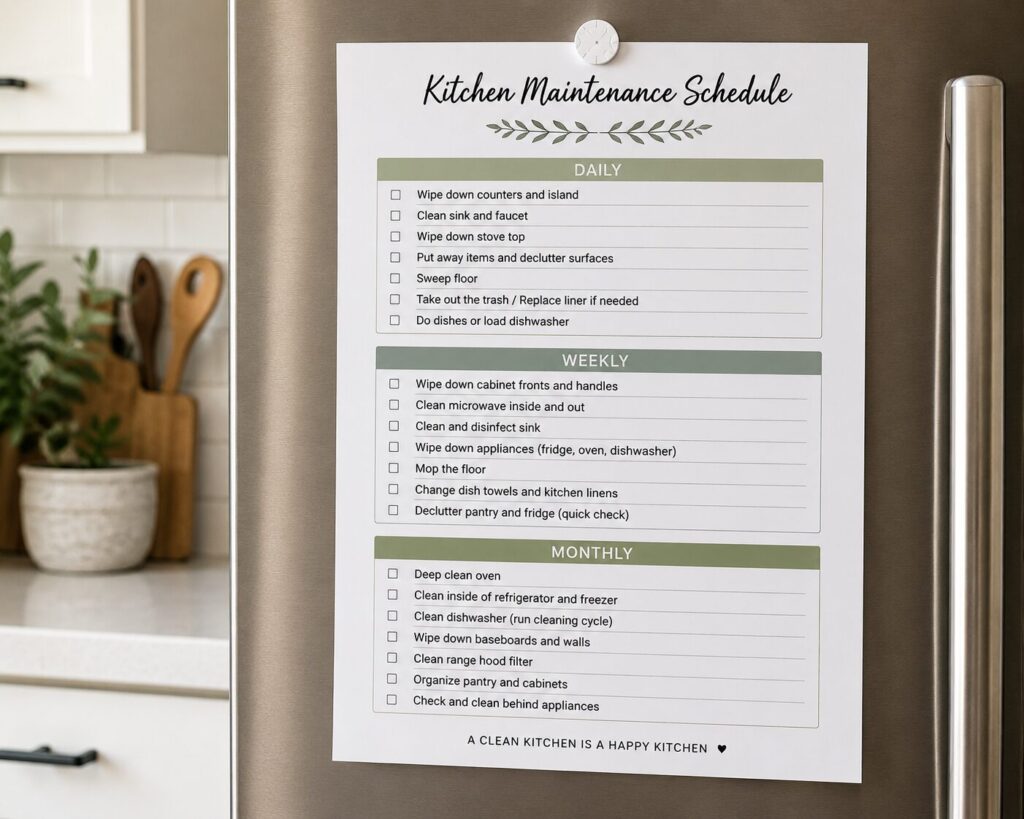 Kitchen maintenance schedule on fridge