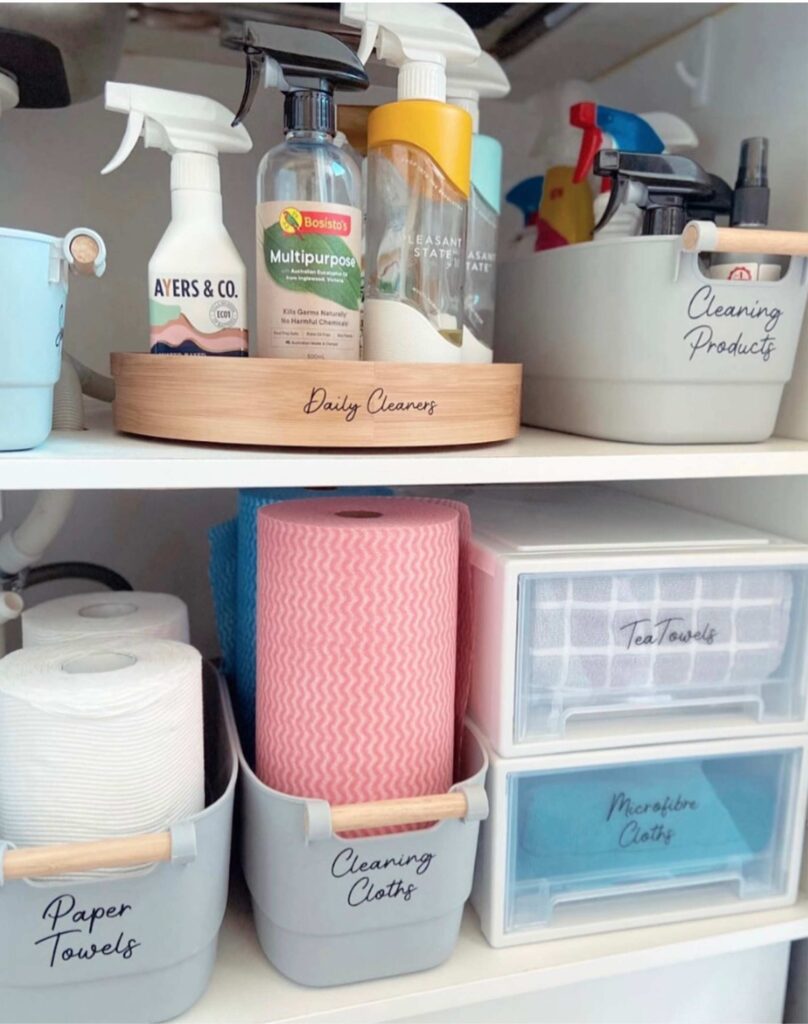 Cleaning supplies under sink