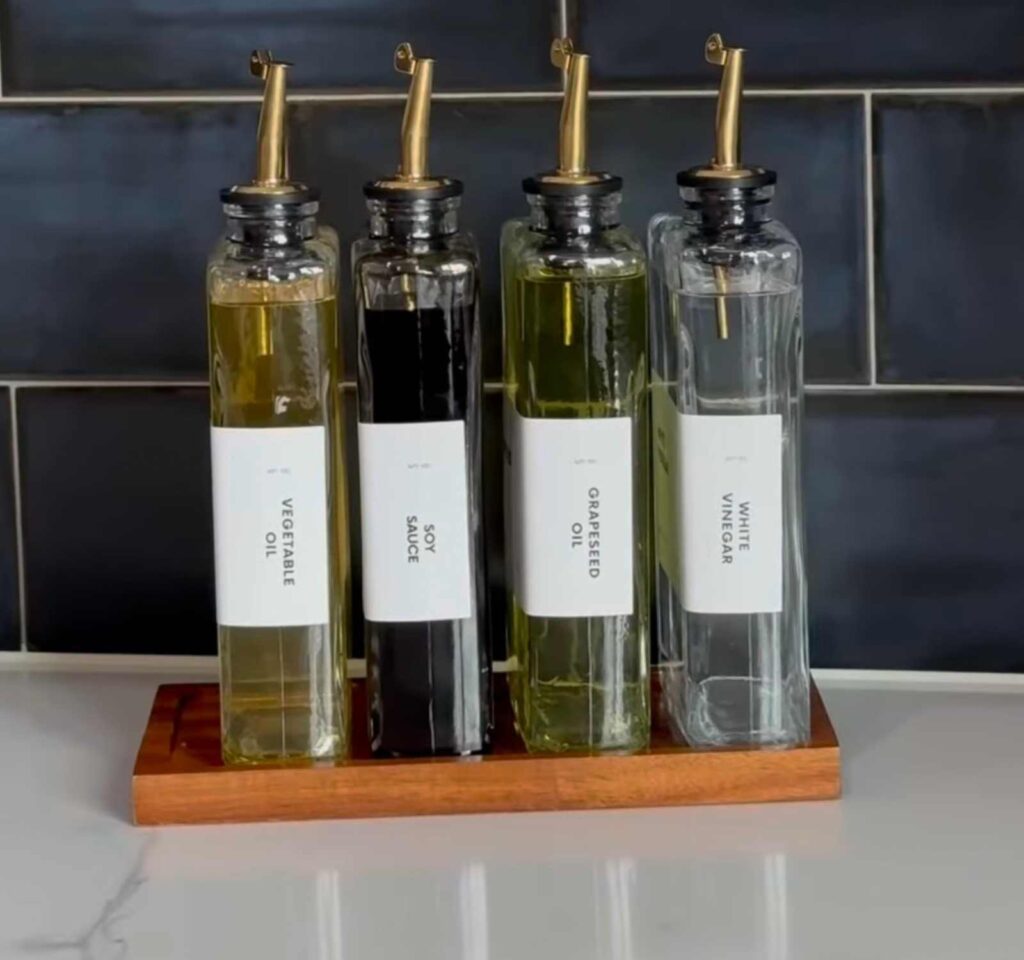 Cooking oil dispensers for kitchen organization 