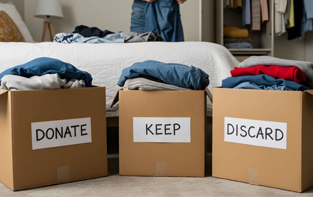 How to organize a room: picture of boxes that say "donate," "keep," and "discard." 