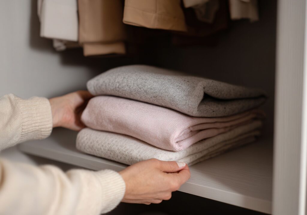 Women organizing clothes on a closet shelf 
