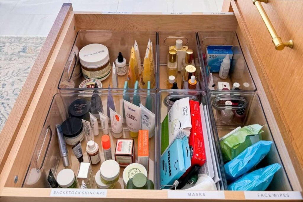 Picture of bathroom items organized in a drawer in a vanity. 