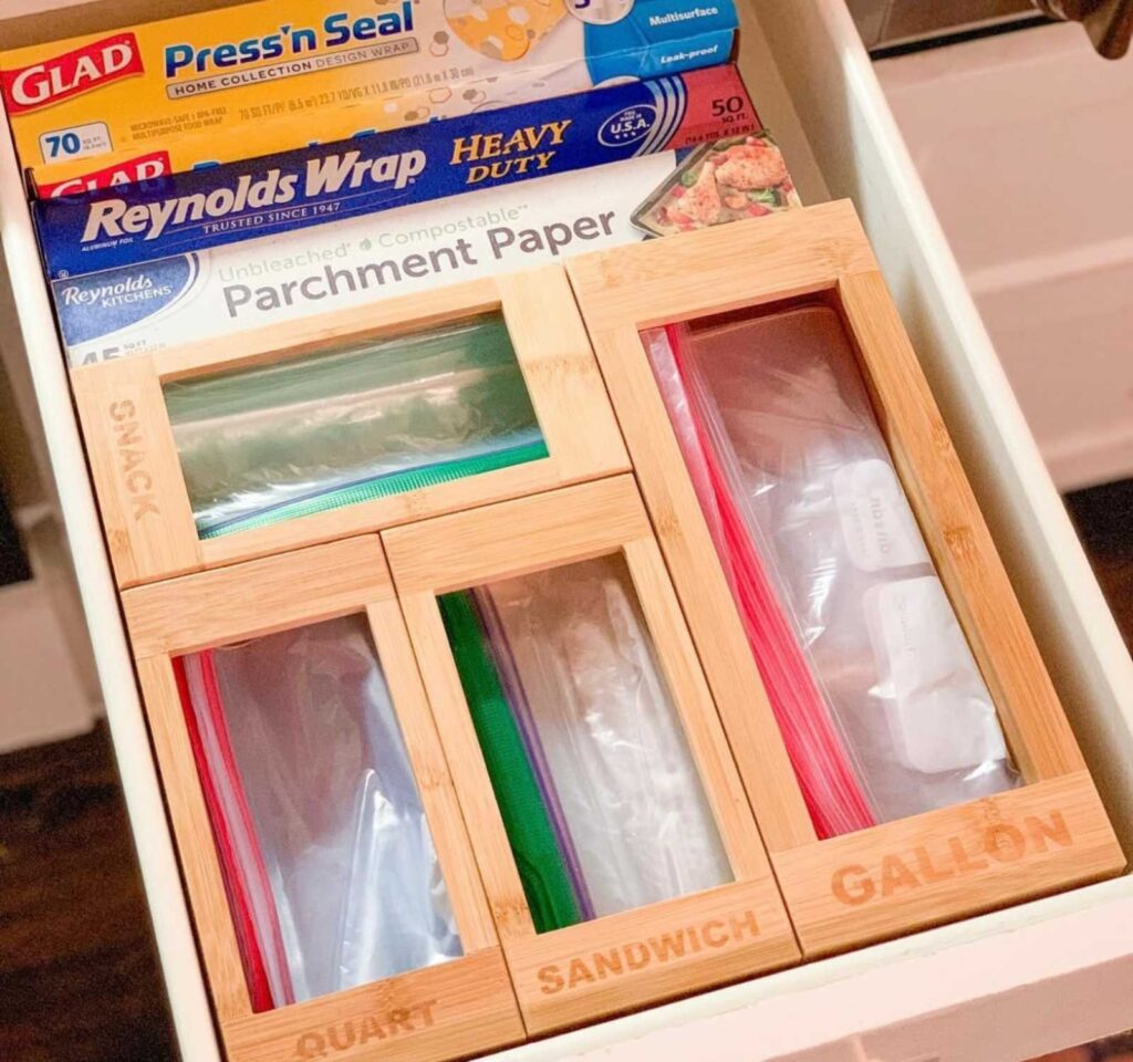 Kitchen organization ideas: photo of plastic baggie bamboo holders kitchen organizer