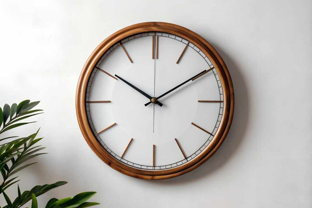 Picture of a wooden clock with a green indoor plant in the photo