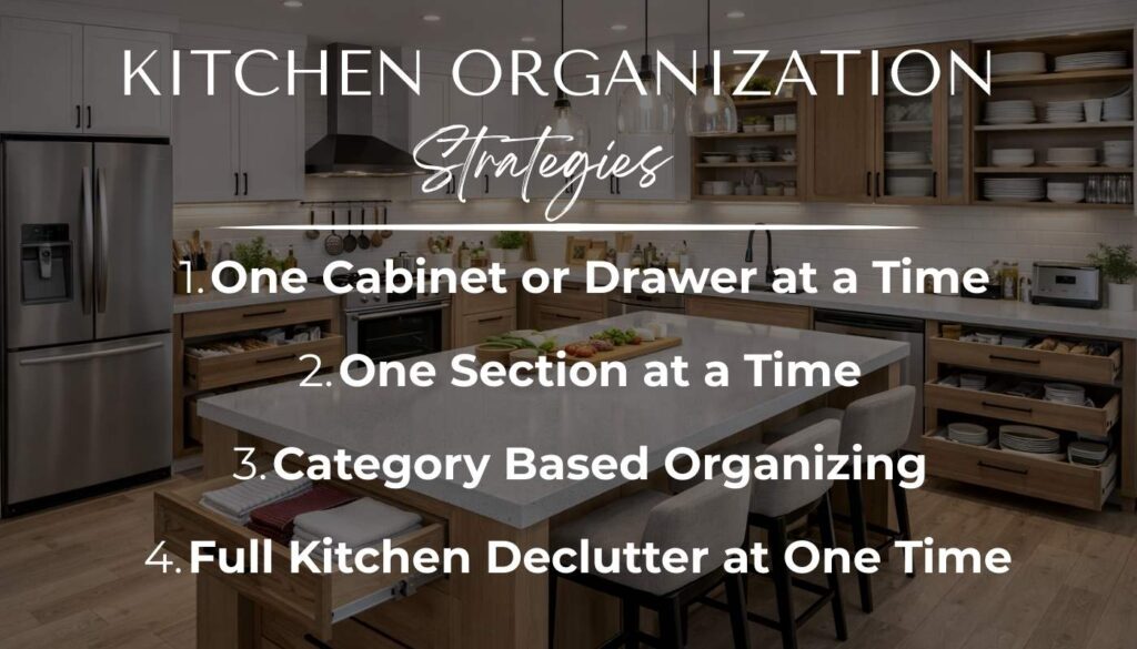 Photo of kitchen with kitchen organization strategies.