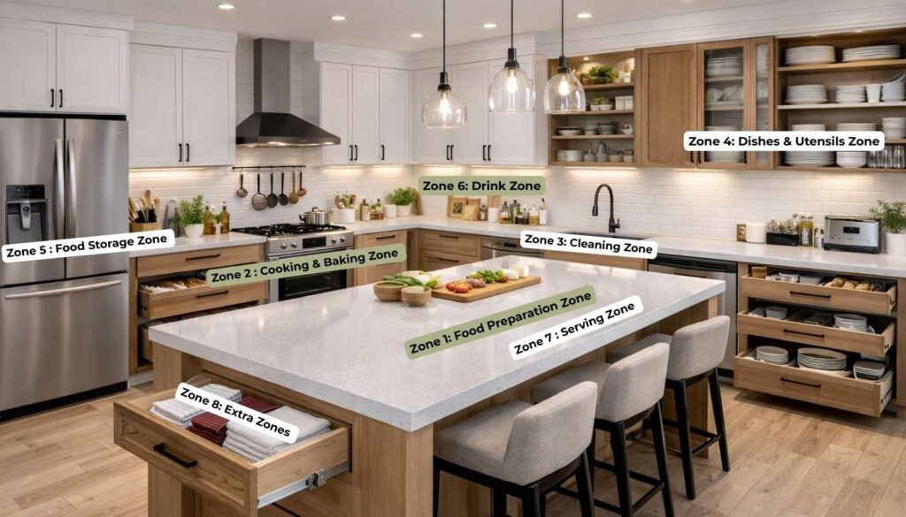 Picture of modern Kitchen with the kitchen zones labeled.