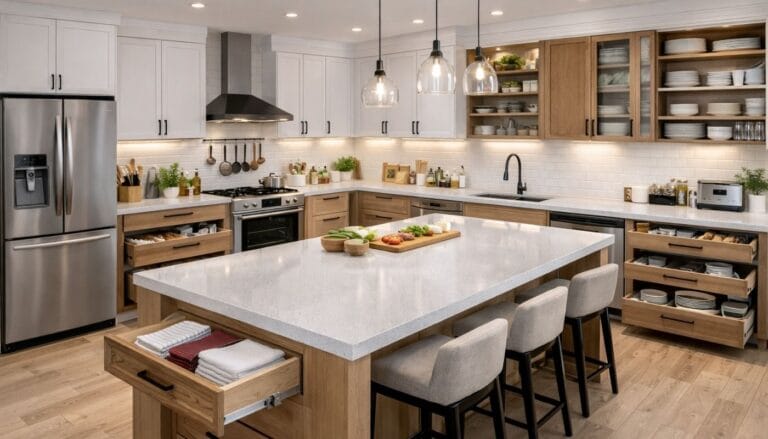 Modern kitchen with some drawers and cabinets open to show organization