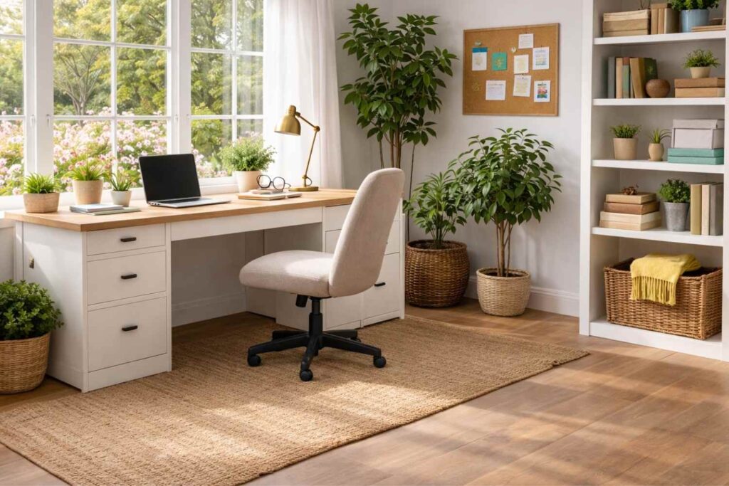 Home office with white desk, tan desk chair, shelving, plants, and spring flowers. 