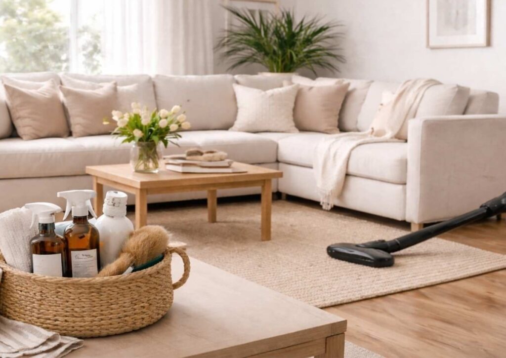 Picture of a neutral living room with spring cleaning supplies