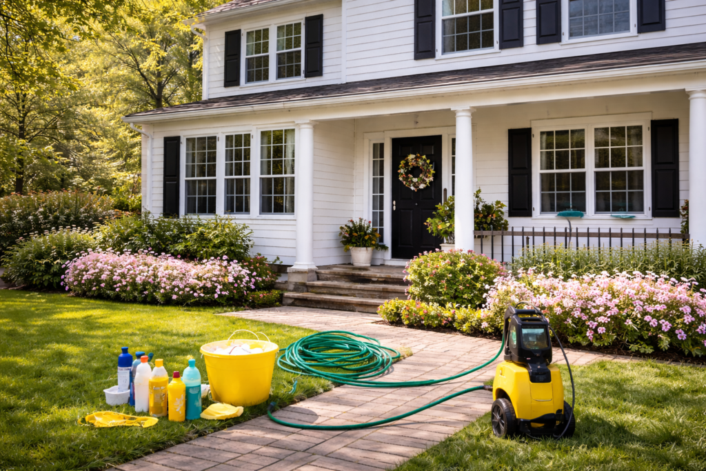 Outside a white house with black shutters in the spring with spring cleaning supplies on the front lawn. 