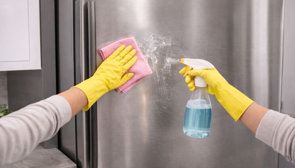 Women cleaning the exterior of  a fridge with cleaning solution and a microfiber cloth. 