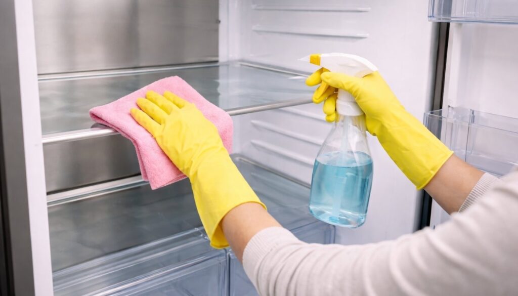 A person is deep cleaning their empty refrigerator with cleaning solution and a microfiber cloth. 