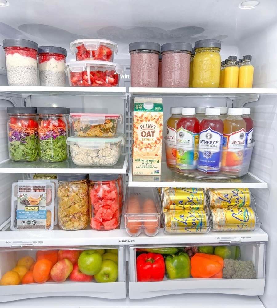 Picture of an organized fridge by shelves