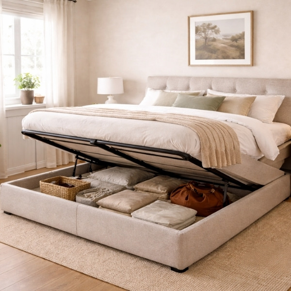 Picture of a tan bed frame pull up bed with under the bed storage