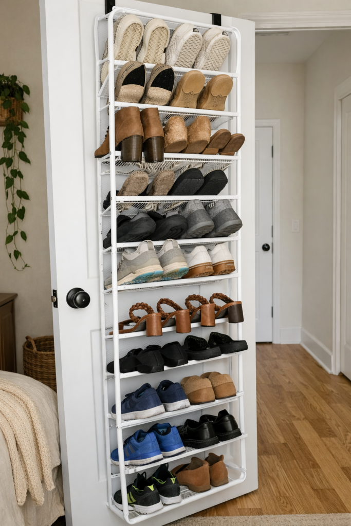 Picture of an over the door white shoe organizer with shoes on it. 