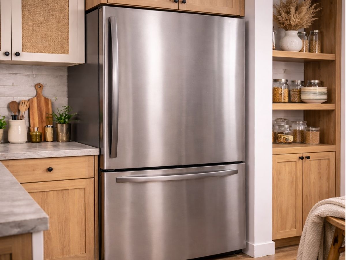 Photo of a stainless-steel refrigerator in a modern earthy kitchen