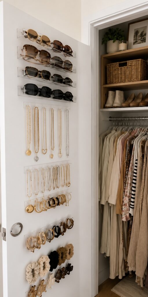 Acrylic organizers on back of a closet door storing sunglasses, necklaces, bracelets, scrunchies, and other accessories.