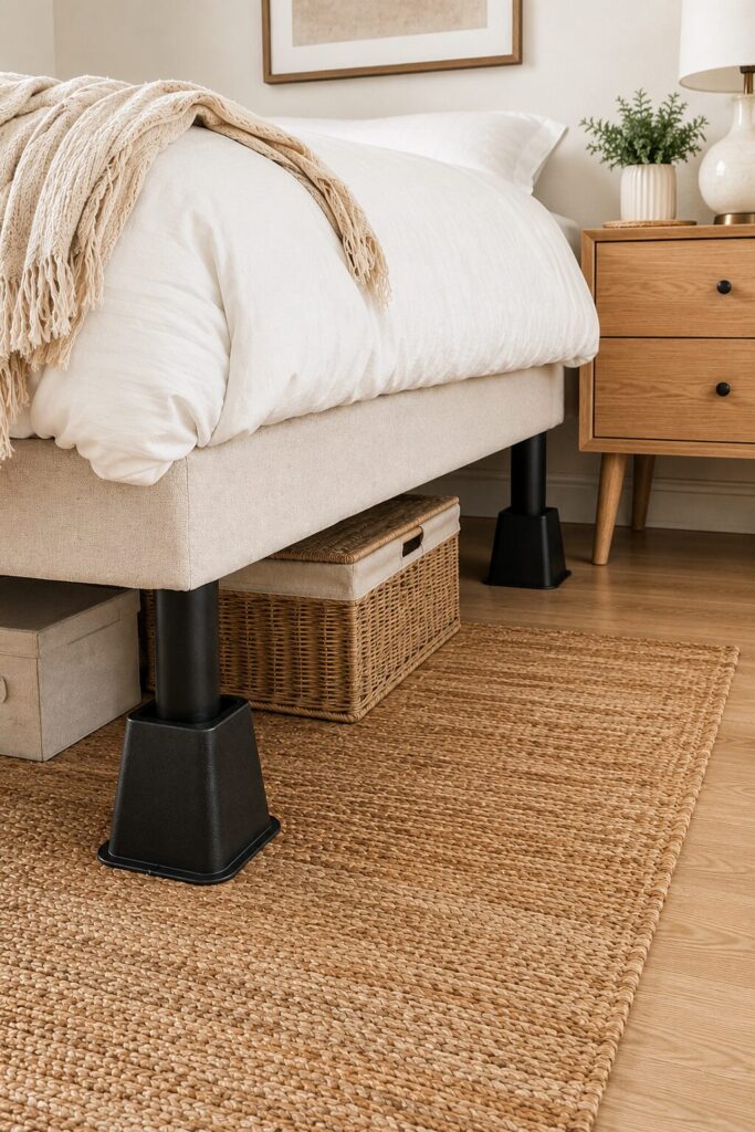 Bed Risers to create under bed storage  in small bedrooms 