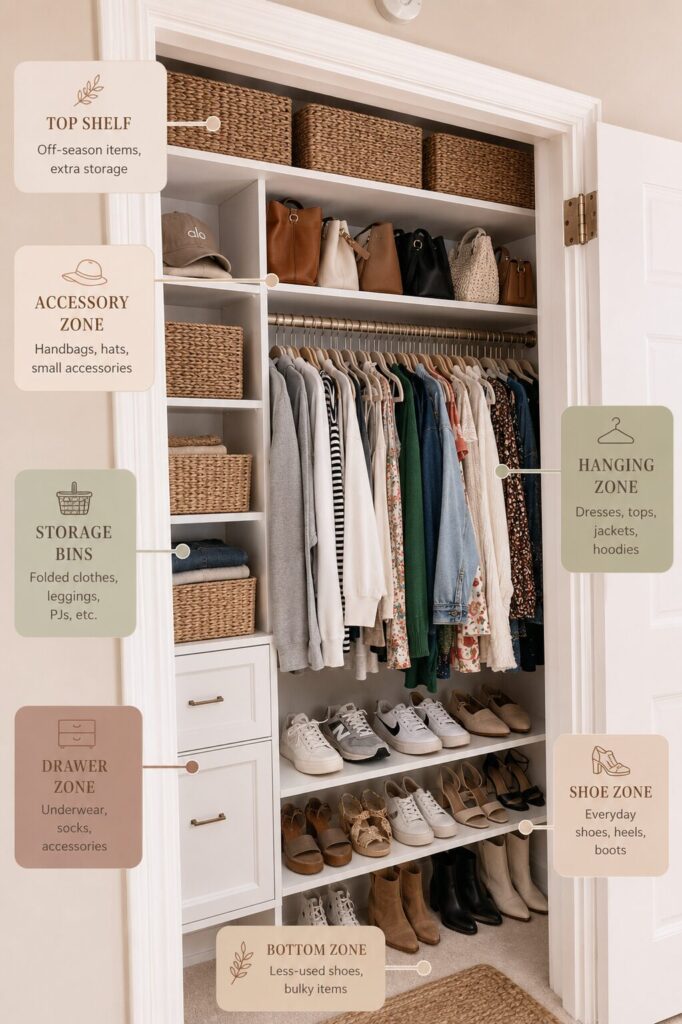 Womens bedroom closet showing different closet zones