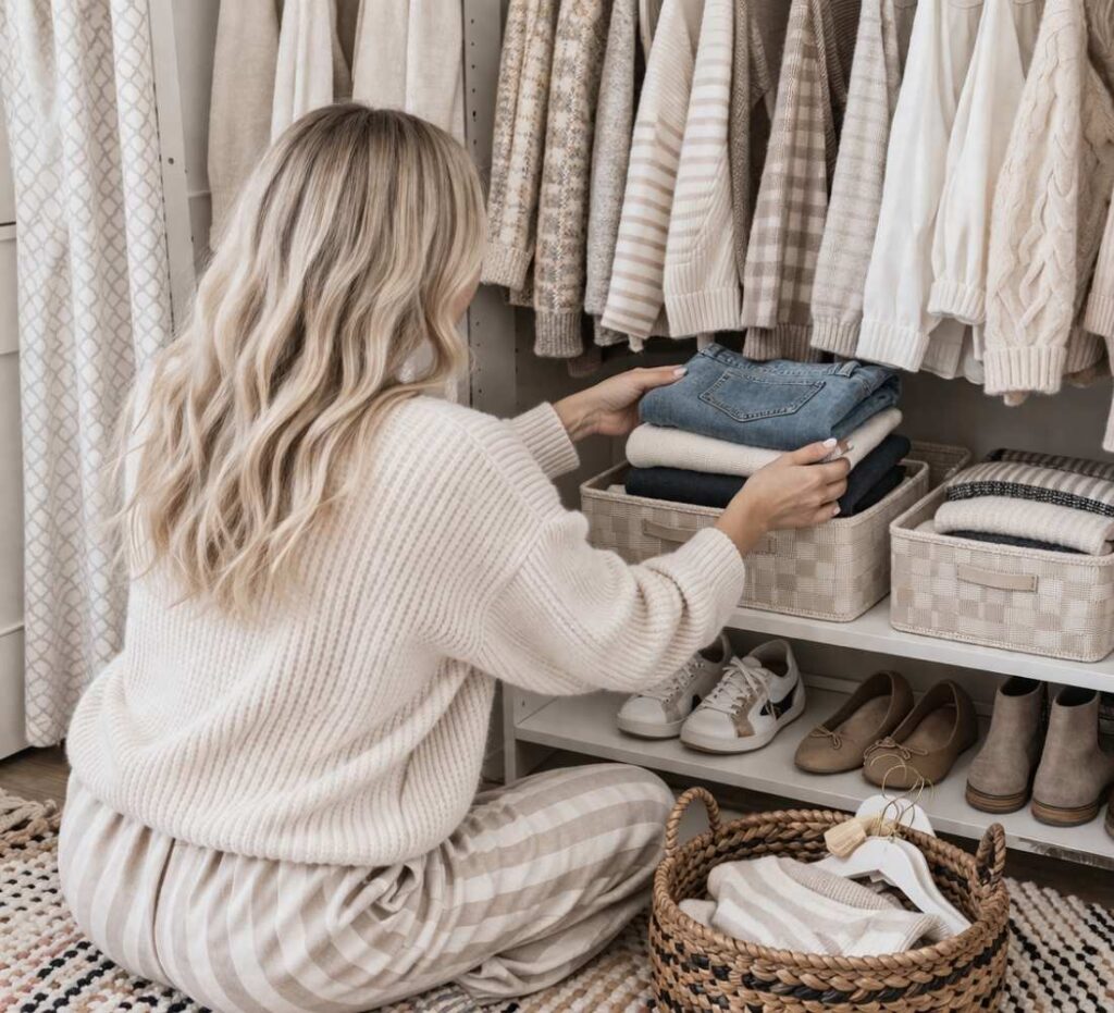 Women organizing a small closet 