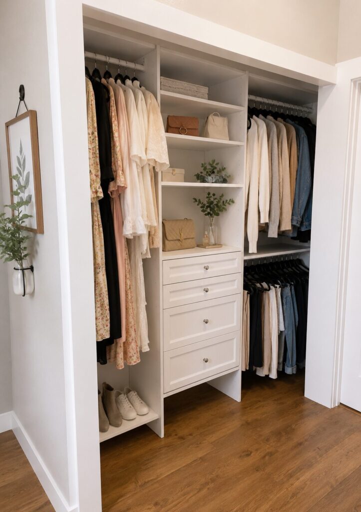 Built in closet organization system in a small closet