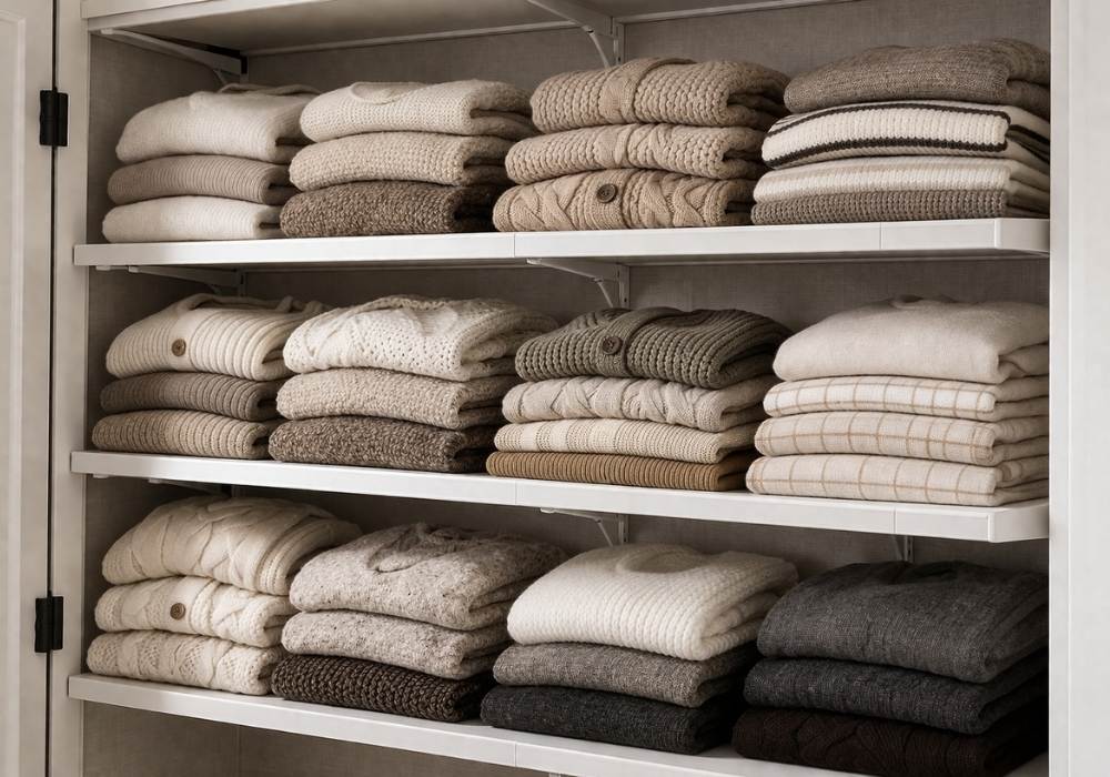 Bulky sweater folded on small bedroom closet shelves 