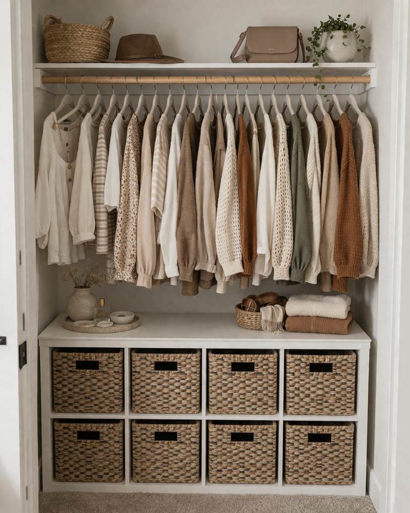 Small bedroom closet with earthy clothes and tones with a cube organizer on the bottom with storage bins. 