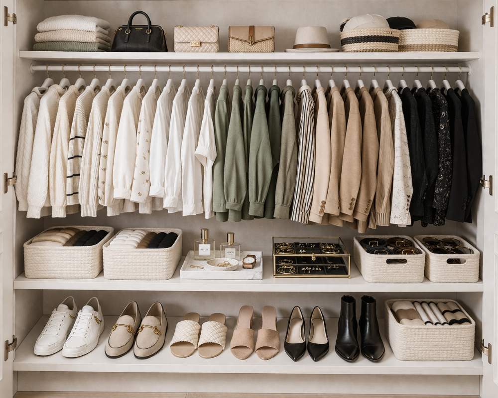 Color Coded Closet with Womens neutral clothes 
