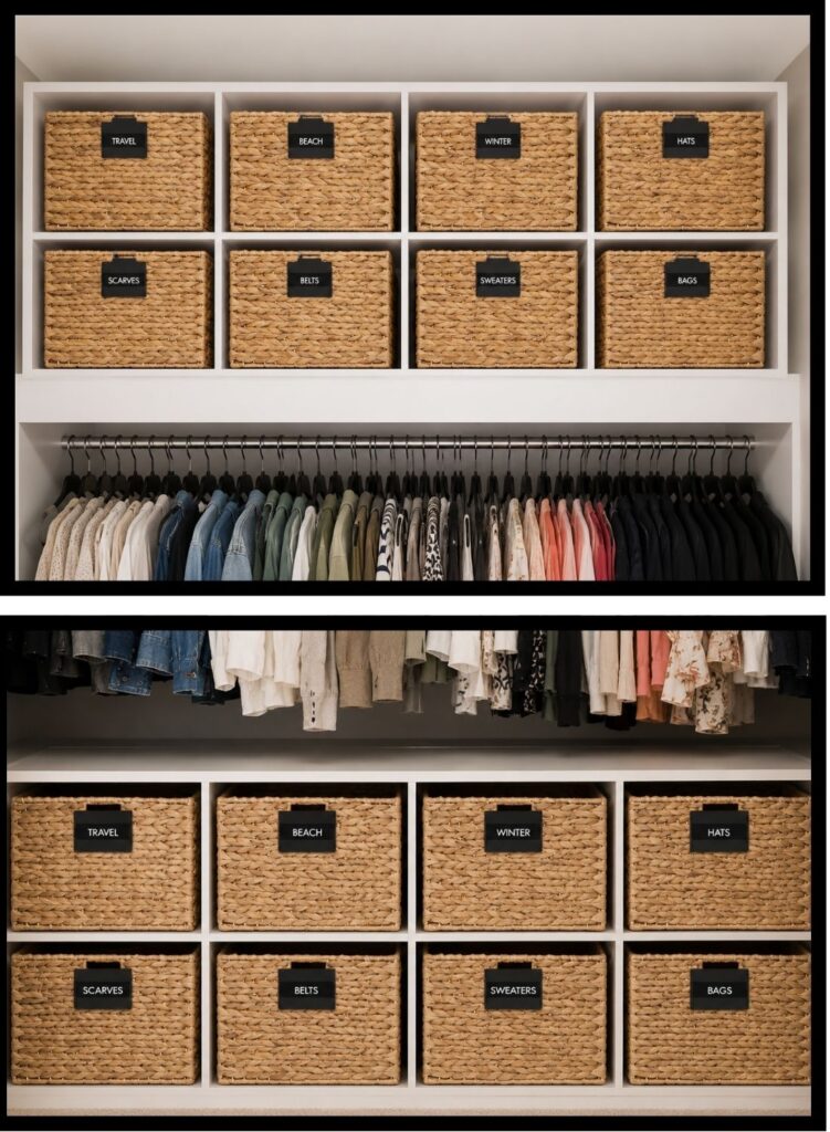 Cube organizer on top of bedroom small closet and on the bottom of a bedroom closet