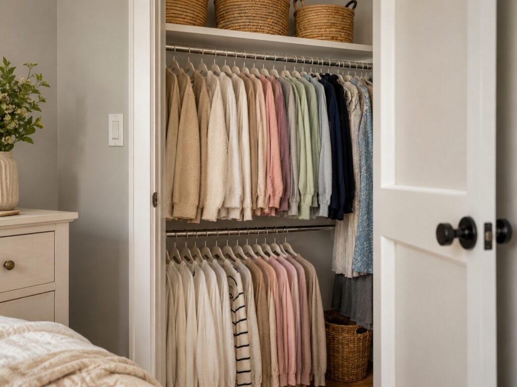Double hanging rod system in a small closet
