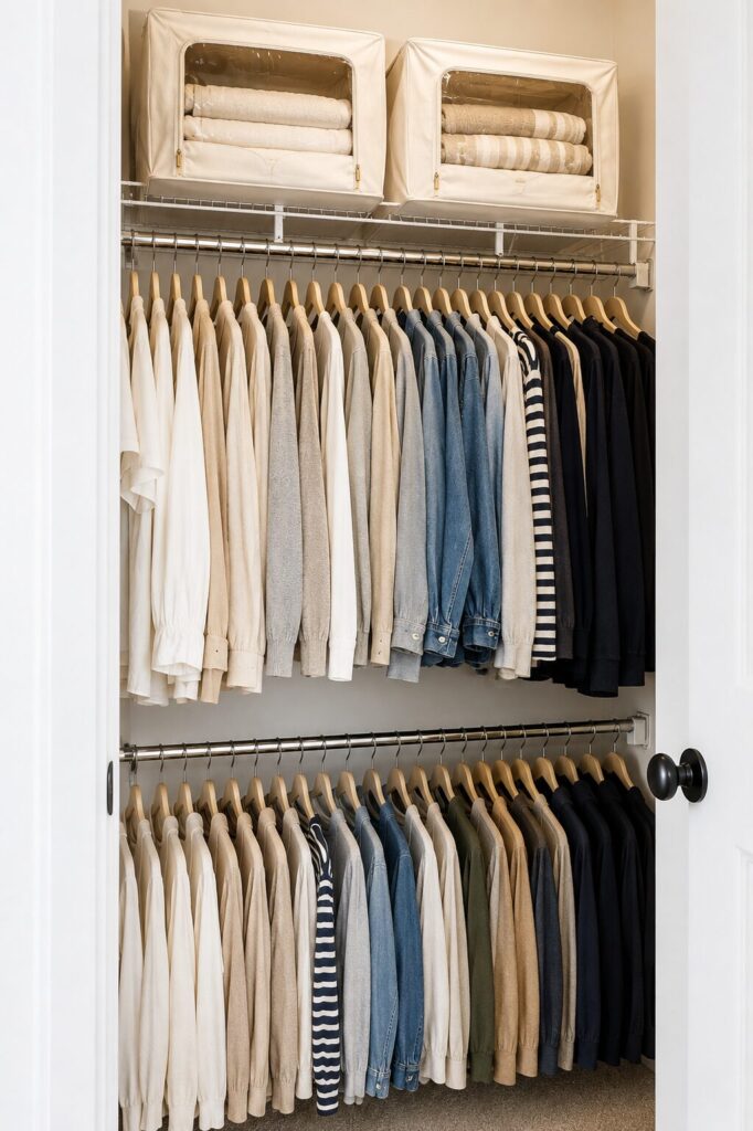 Double rod storage in bedroom closet 