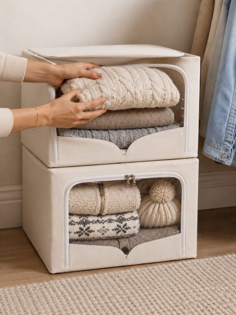 Garment storage bins with winter clothes in them