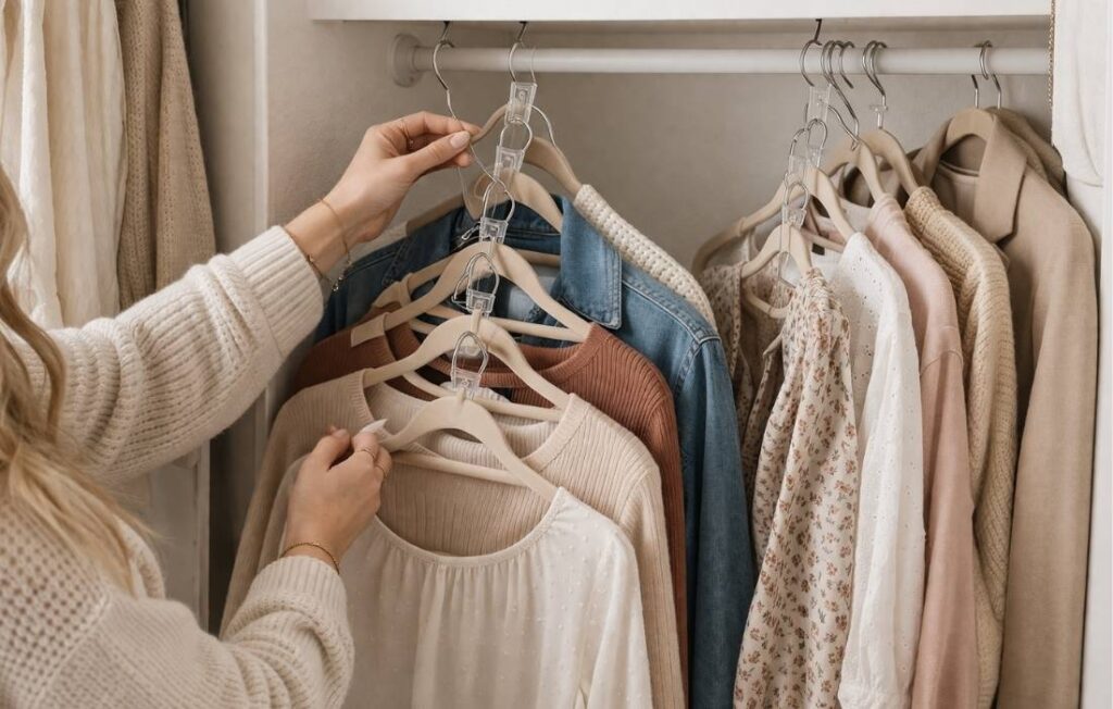 Small bedroom closet organization ideas use hanger connector hooks. 