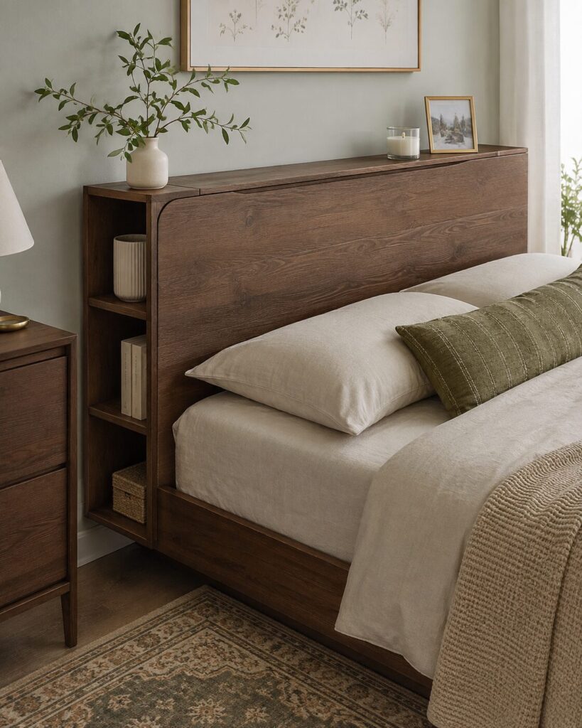 Bed headboard with storage shelfing for small bedrooms