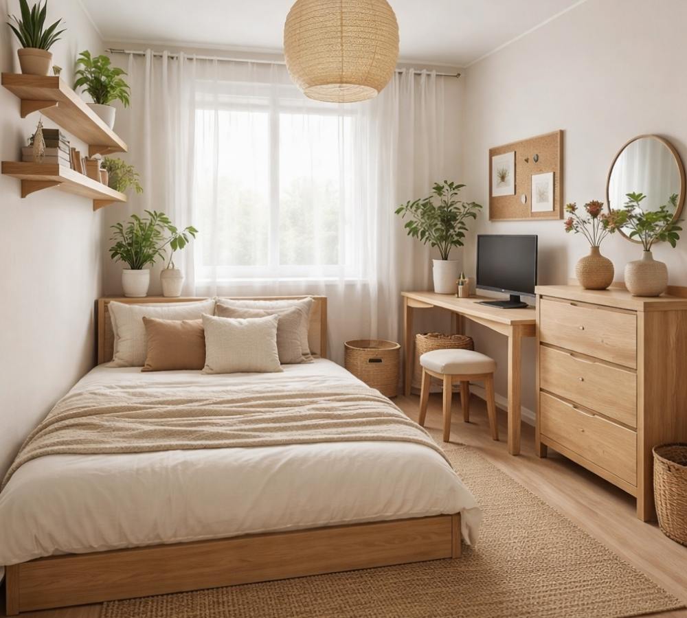 low profile light oak furniture in a small bedroom 