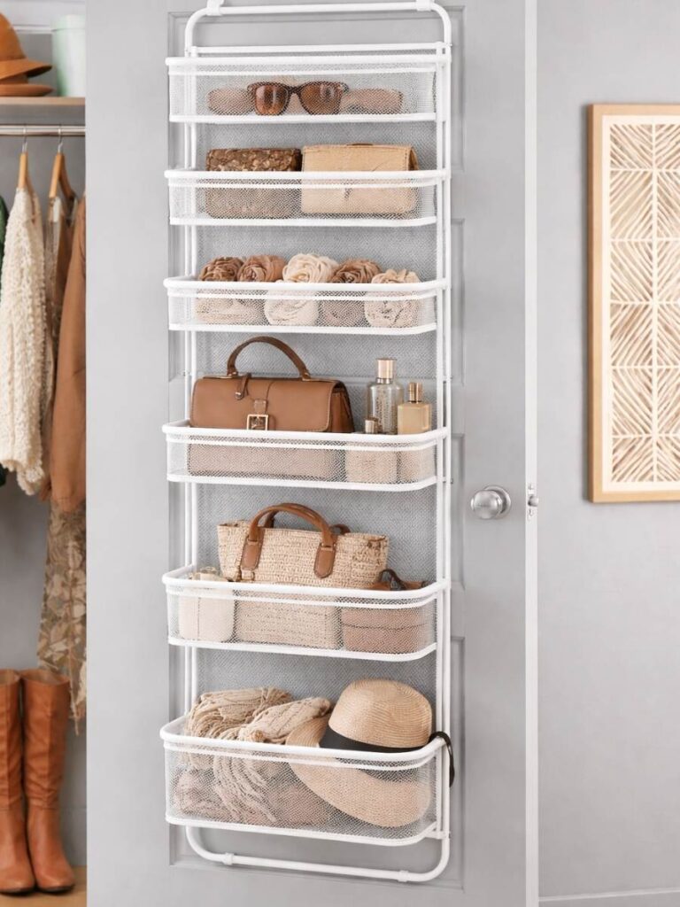 white Over the door organizer with bedroom accessories on the different shelves. 