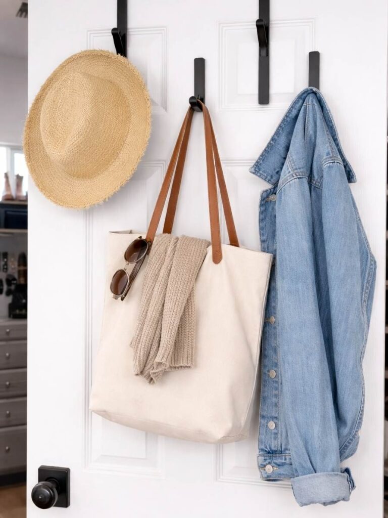 Picture of over the door hooks with accessories hanging on them. 