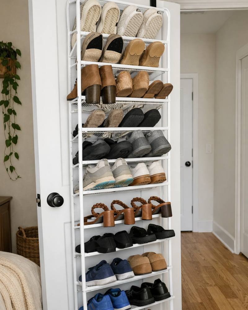 Back of the closet door white shoe organizer. 