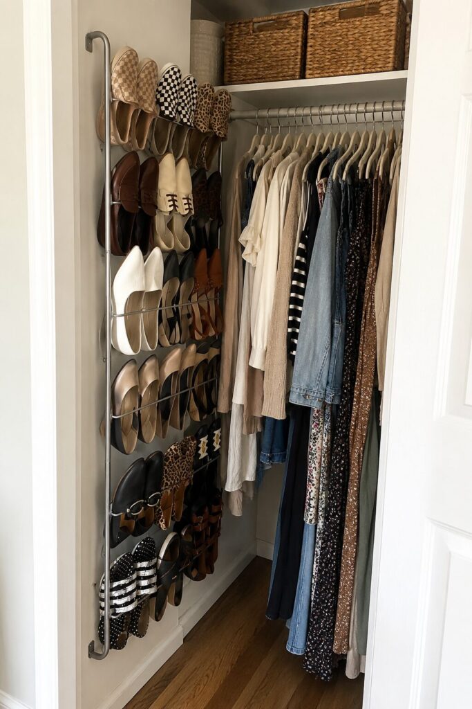 Shoe rack on closet wall