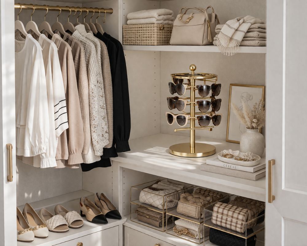 Small bedroom organization ideas: sunglasses stand gold